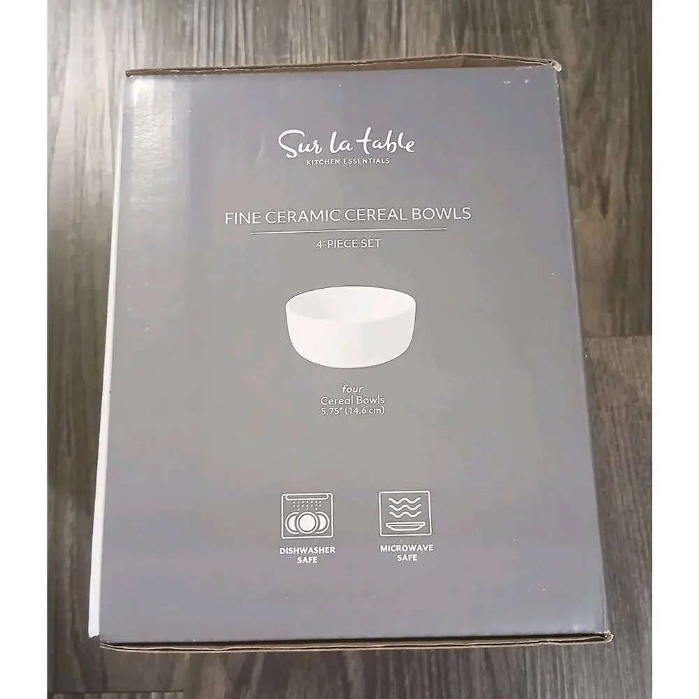 Set of 4 Sur La Table Kitchen Essentials Fine Ceramic Cereal Bowls - White 5.75